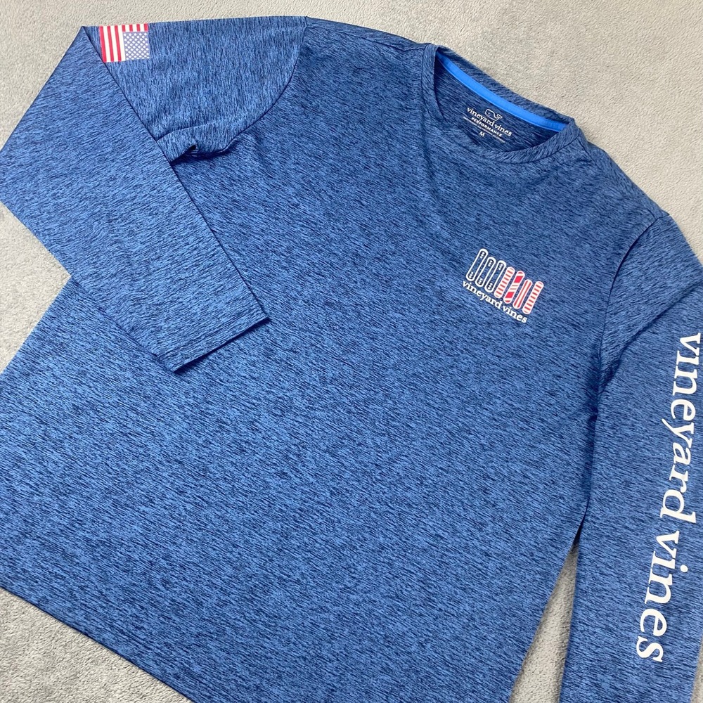 Vineyard Vines Men M Performance Shirt Sailboat Snowboard Long Sleeve USA Flag